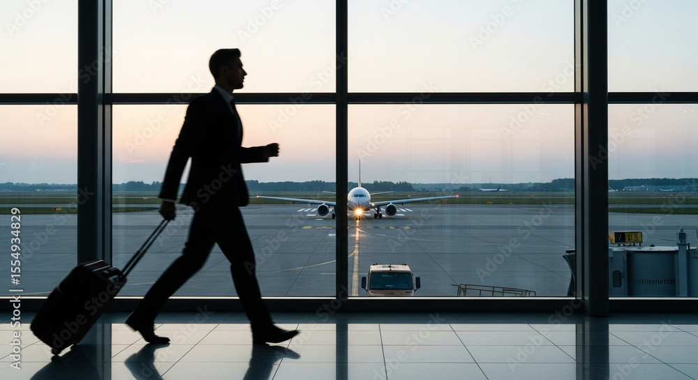 Fototapeta premium Traveler rushing to catch a flight at airport. Man walking briskly with rolling luggage at airport with plane outside window.