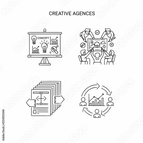 Line art illustrations emphasizing teamwork, brainstorming, concept development, strategy planning, and collaboration in a professional agency setup.