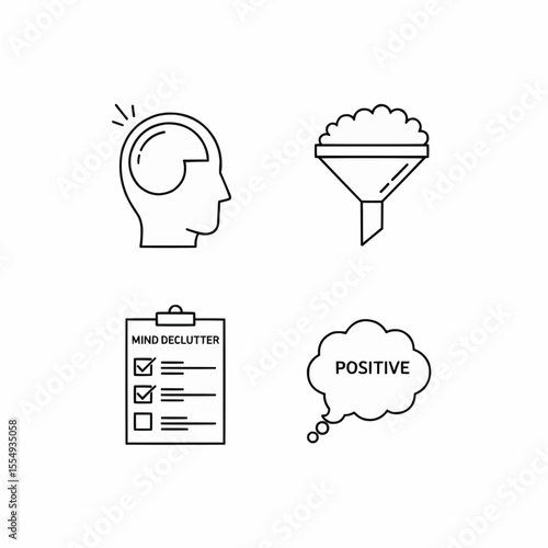 line art icons representing mind decluttering, positive mindset, information selection, and mental clarity