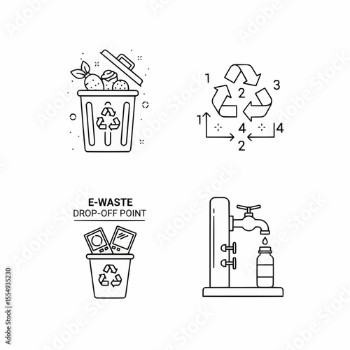 Black and White Recycling and Sustainability Concept Illustrations for Eco Awareness