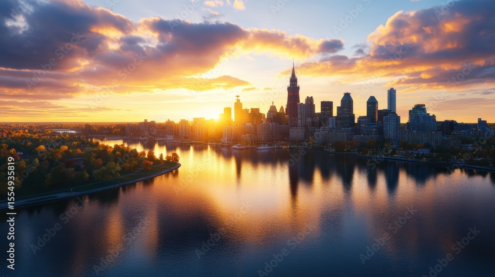 Fototapeta premium Stunning cityscape view of a modern skyline at sunset over a river with colorful sky reflecting on water