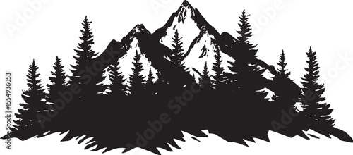 Clean and simple vector silhouette of a forested mountain in black illustration.