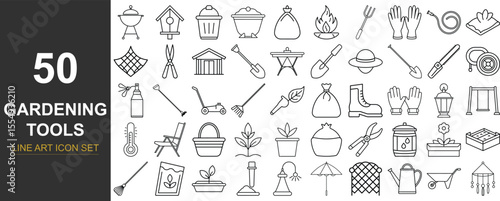 50 Line Art Vector Icons of Garden and Outdoor Gear Including Planting Tools, Lawn Equipment, Composting Bins, Outdoor Furniture, and Seasonal Accessories for Eco-Friendly, Nature-Inspired Designs