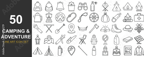 50 Line Art Vector Icons of Camping and Outdoor Adventure Gear Featuring Hiking Tools, Campfire Essentials, Survival Equipment, and Travel Accessories for Nature and Exploration Design Themes