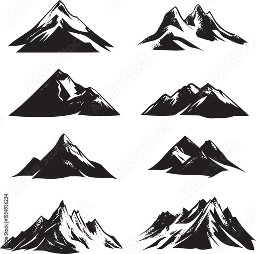 Collection of Clean and simple black vector silhouette of a mountain.