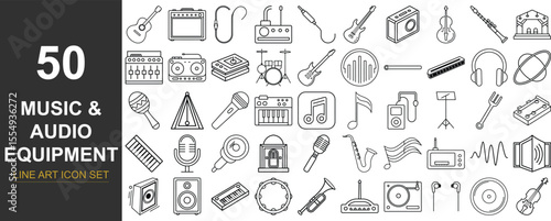 50 Line Art Vector Icons of Music and Audio Equipment Featuring Instruments, Sound Devices, Recording Tools, DJ Gear, and Studio Accessories for Musical, Creative, and Entertainment Design Projects