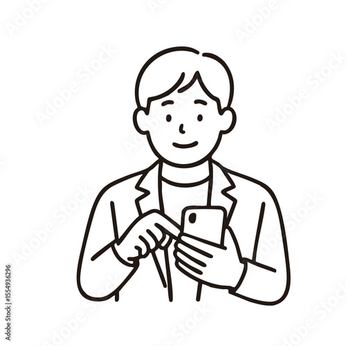 Businessman tapping smartphone, minimal line art illustration