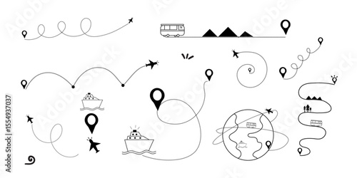 travel route line design element,Route line decoration design set,Hand Drawn design set,plane route,Bus route,Ship route,Curvy travel lines set. 