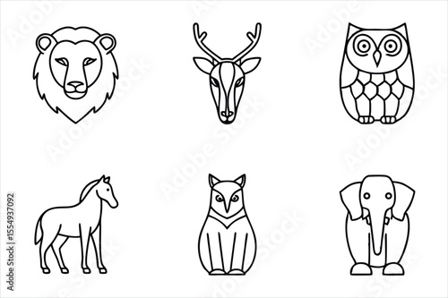 Minimalist Line Art Illustration Featuring a Lion, Deer, Owl, Horse, Fox, and Elephant in a Clean and Modern Style