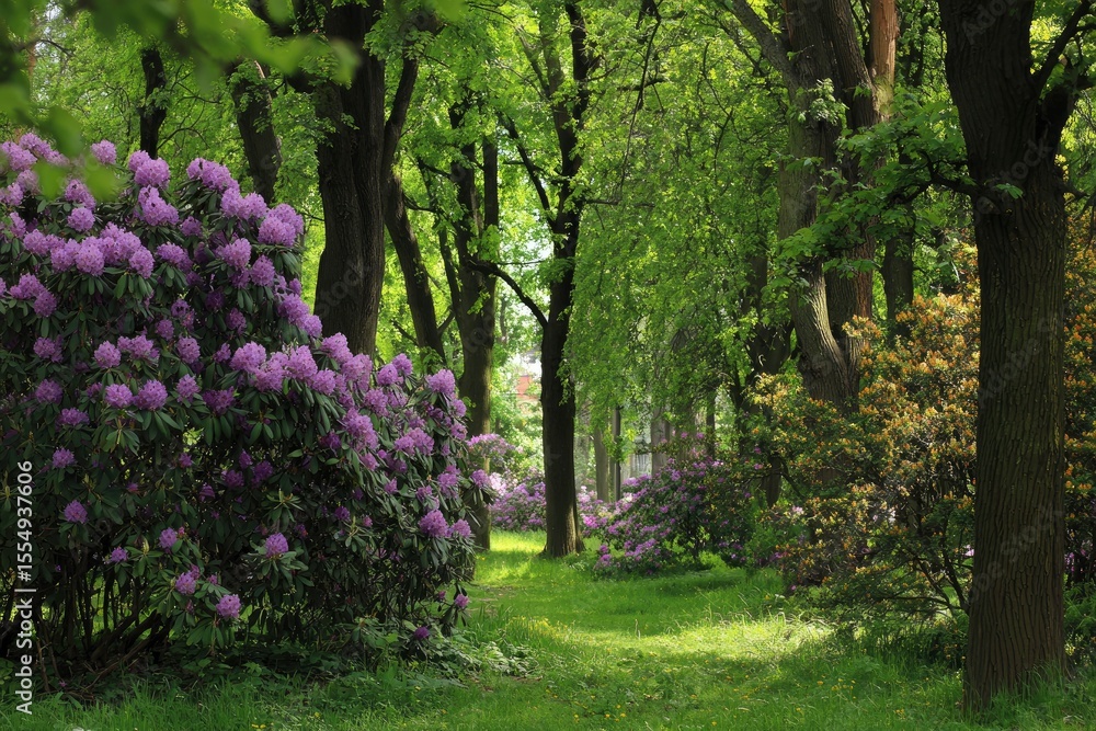 Lush park scene with vibrant purple rhododendron bushes lining a grassy path between tall mature trees Lush park scene with vibrant purple rhododendron bushes lining a grassy path between tall mature trees