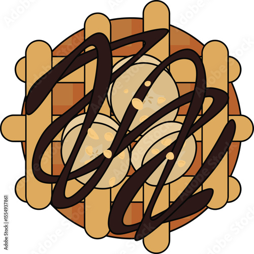 Vector illustration of a delicious round waffle topped with banana slices and drizzled with rich chocolate syrup