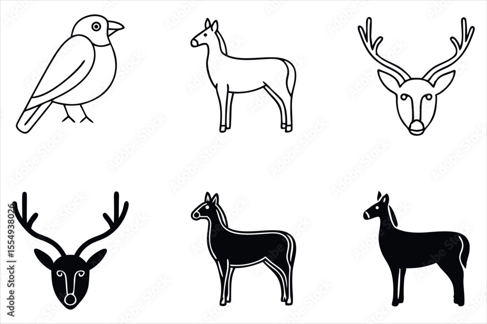 Obraz premium Elegant Wildlife Icons A Black and White Collection of Bird Deer and Stag Illustrations Depicting Nature's Beauty and Grace