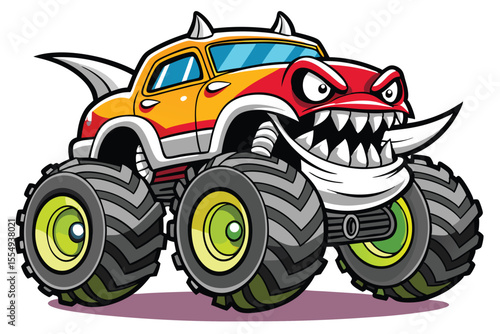 Funny red toy agricultural quad bike, a cartoon illustration of a farm vehicle