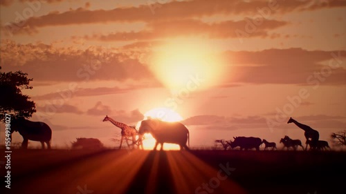Majestic African wildlife in motion: an elephant, giraffe, zebra, rhino, and a pair of lions gracefully crossing the savannah under a sunset sky. The glow of the setting sun silhouettes the animals.