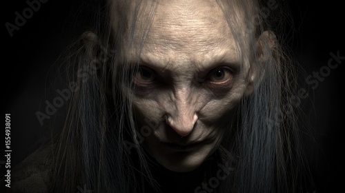 A terrifying, pale, and emaciated female figure with stringy hair and piercing eyes stares intensely in a dark
