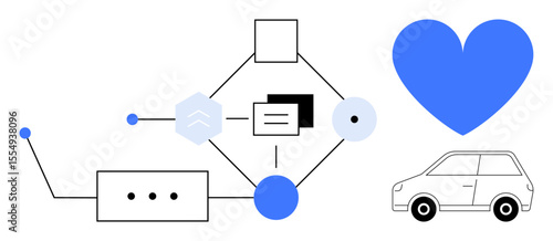 Geometric shapes linked by lines, blue heart, car outline, and communication icon suggest networking, technology, or autonomy. Ideal for technology, mobility, data sharing love innovation