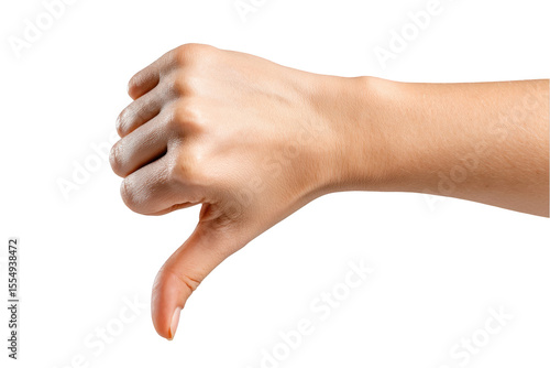 Closeup of a female hand showing thumbs down gesture isolated on no arm on transparent background