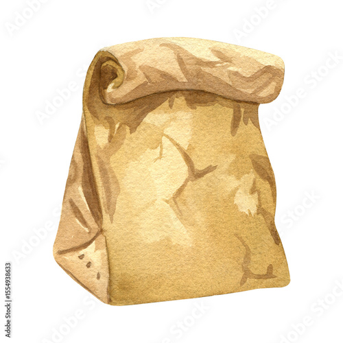 watercolor brown paper bag clipart isolated.
hand drawn paper bag for food