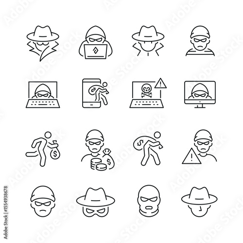 Vector line set of icons related with thief. Contains monochrome icons like hacker, thief, spy, mask, crime and more. Simple outline sign.