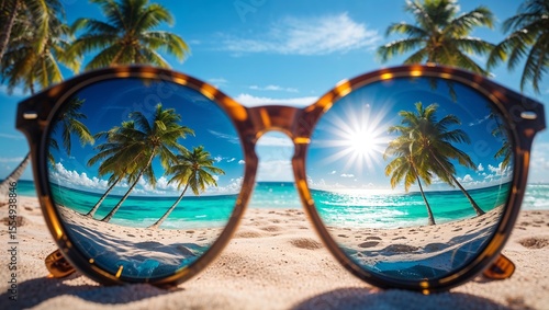 Fototapeta Naklejka Na Ścianę i Meble -  Reflection in a pair of sunglasses on the beach showing palm trees, turquoise sea, and bright sun within the lenses.