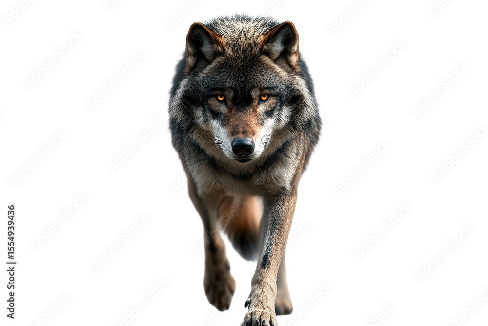 Fototapeta premium Scary wolf approaching in eerie front view isolated on transparent background for creative projects and digital design purposes