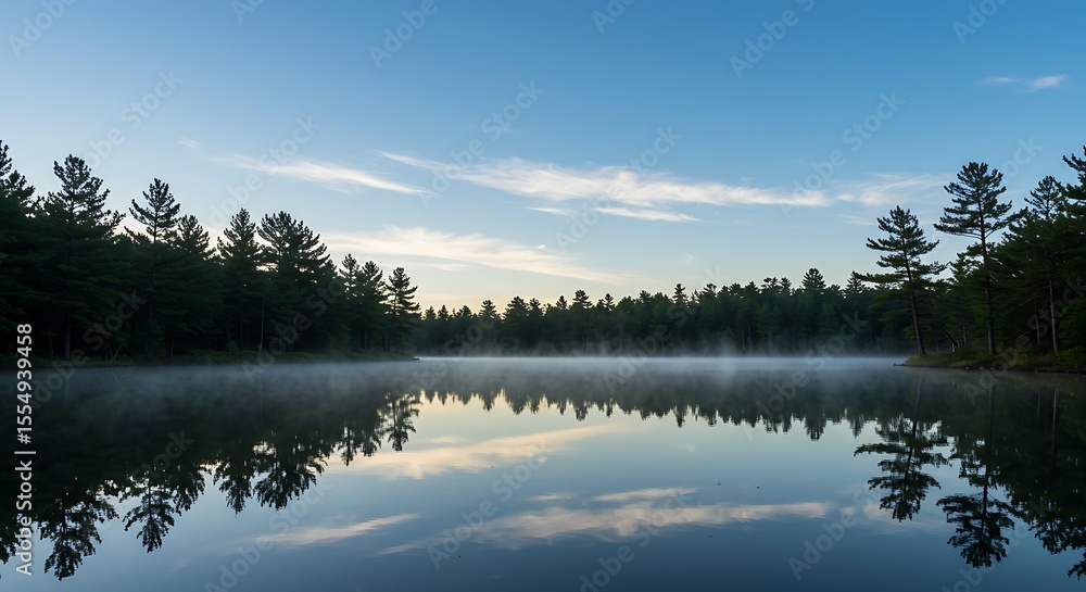 Fototapeta premium Calm Forest Lake with Tree Reflections and Gentle Morning Mist