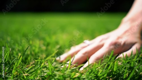 A hand gently rests on a vibrant green patch of grass