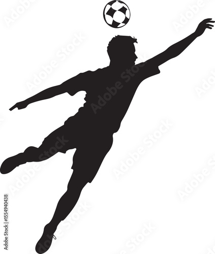 A player performing a chip shot, lifting the ball over the goalkeepers head toward the goal, full-length silhouette illustration.