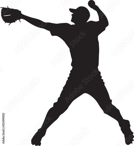 A fielder making a strong throw to first base, arm extended, with the glove hand pulling back. full length silhouette black vector illustration
