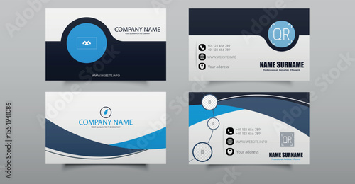 Set of vector business card templates in blue color scheme with abstract curved and circular shapes. Suitable for professional branding, contact cards, and corporate identity.