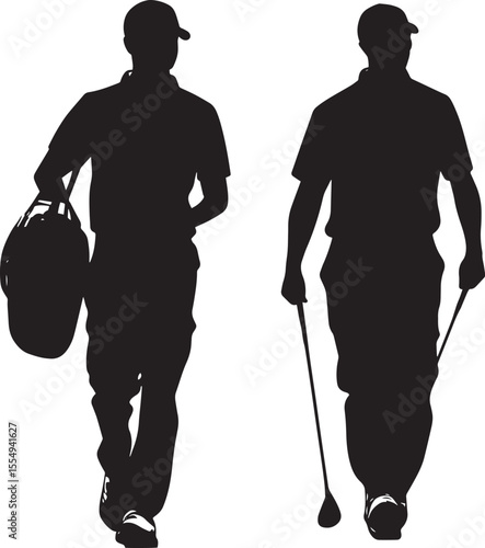 A caddie strides across the course, golf bag slung over their shoulder, ready to support the golfer, full-body black vector illustration.