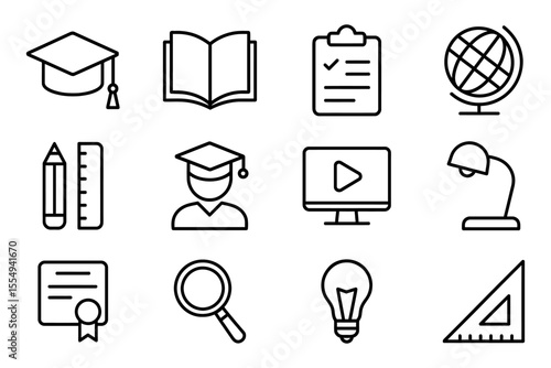 Education and learning icons set featuring graduation cap and open book, vector illustration