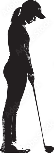 A golfer working on proper alignment of feet, hips, and shoulders, in black vector silhouette.