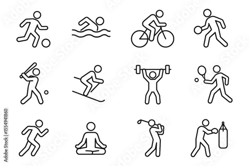Sports and fitness activities icon set featuring yoga, cycling, and skiing, vector illustration