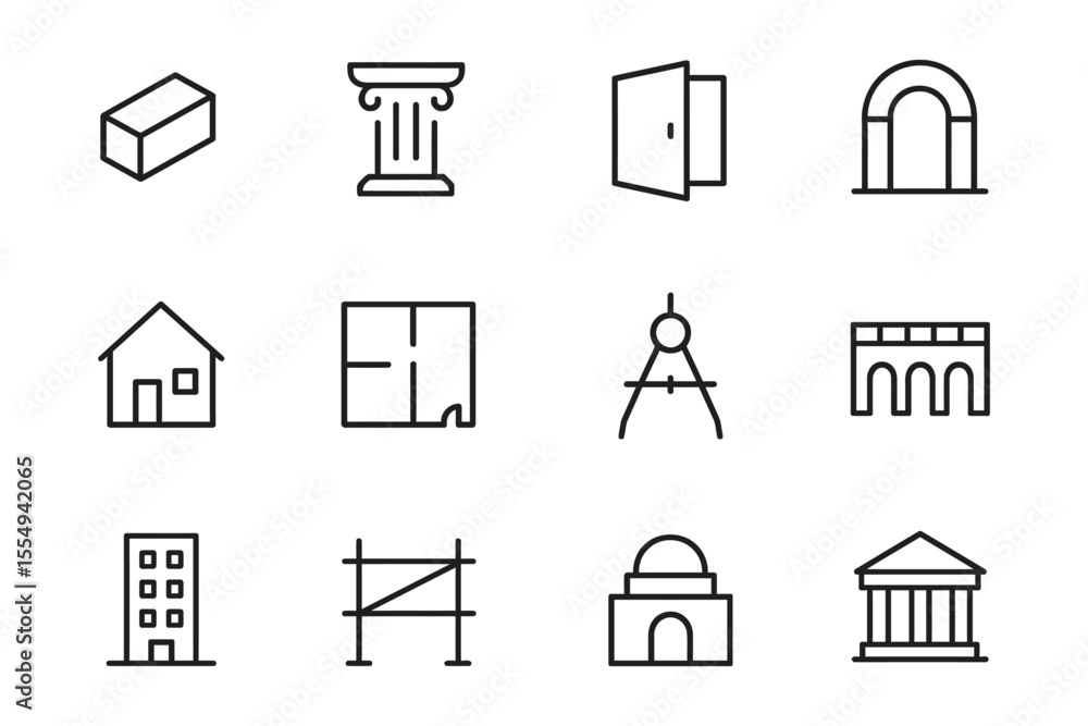 Architectural elements and construction icons set featuring buildings and structures, vector illustration Architectural elements and construction icons set featuring buildings and structures, vector illustration