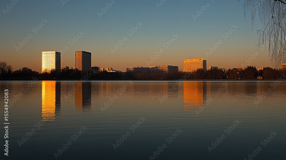 Naklejka premium Golden reflections of city buildings on a tranquil lake at sunrise.