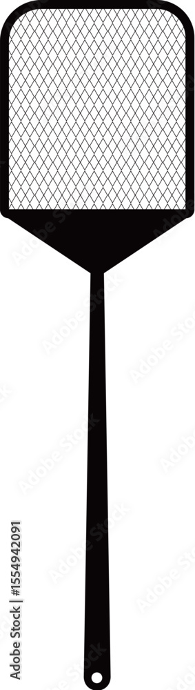 Fototapeta premium A black outlined icon of a traditional fly swatter, with a long handle and a rectangular head featuring a grid pattern.