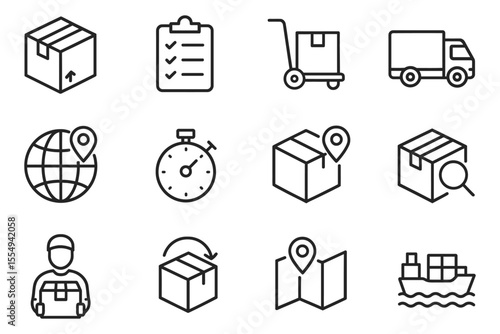 Logistic icons set featuring shipping, delivery elements, and global transport themes, vector illustration