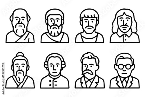 Icon set of historical philosophers and thinkers, vector illustration