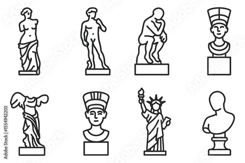 Iconic sculptures and statues in outline style, vector illustration