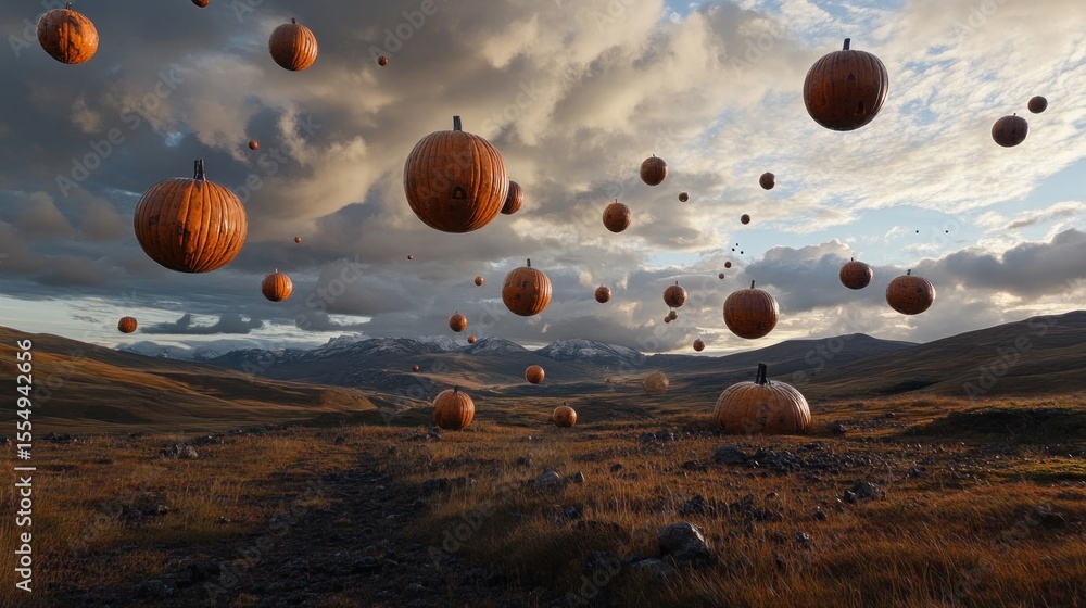 Obraz premium Floating pumpkins in a field