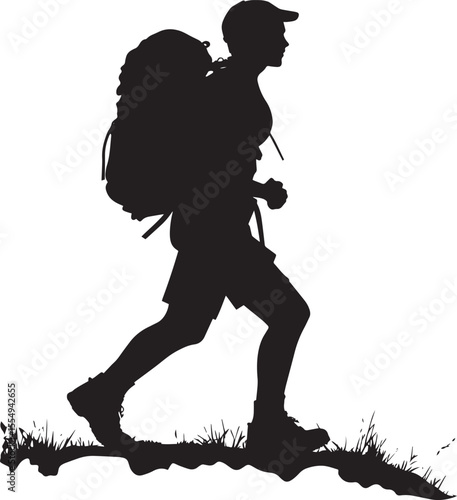 A person walking with a backpack, trekking along a path with one foot ahead.