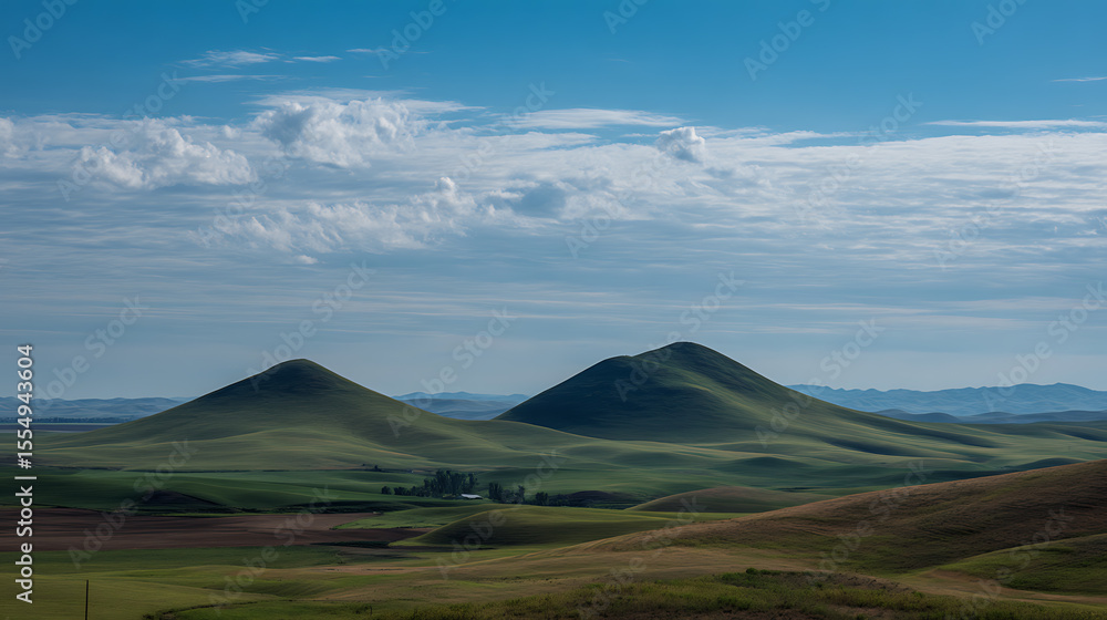 Fototapeta premium Rolling green hills under a blue sky with fluffy clouds