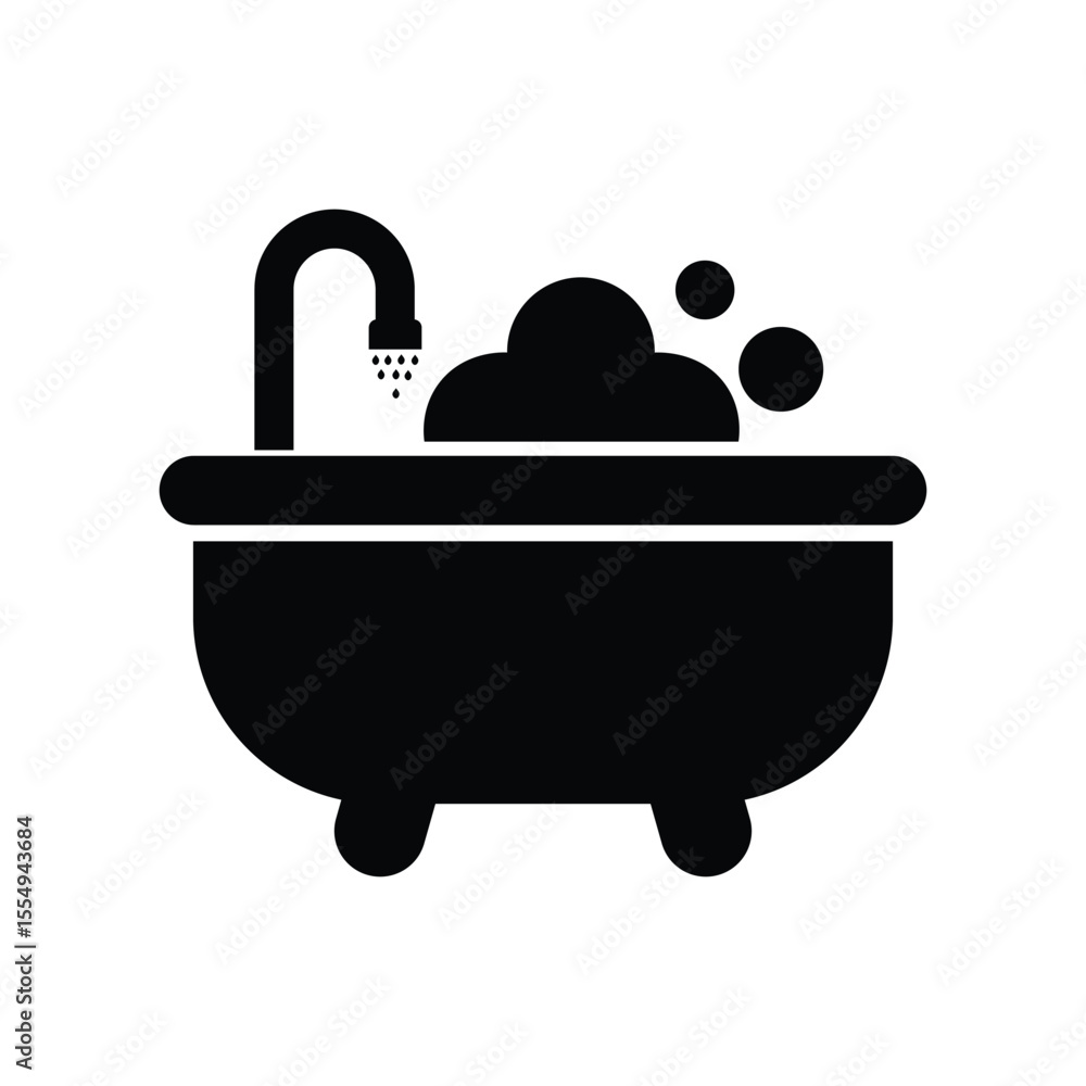 Obraz premium bathtub icon with faucet and bubbles, black vector silhouette isolated on white background for bathroom hygiene designs