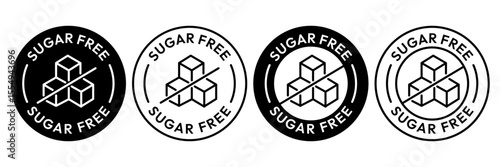 Sugar free icons. Zero sugar label. Set allergen free icons. Allergen free products. Sugar free logo, label, badge, sticker, symbol, emblem, black, circle, line, vector, isolated illustration.