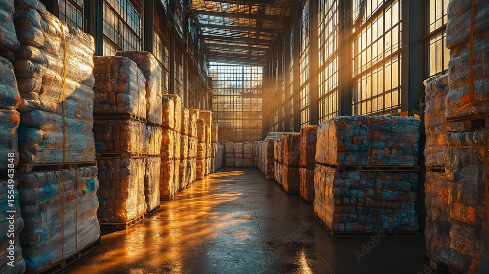 Stacks of plastic bales in warehouse lit by warm sunset light, recycling concept. Stacks of plastic bales in warehouse lit by warm sunset light, recycling concept.