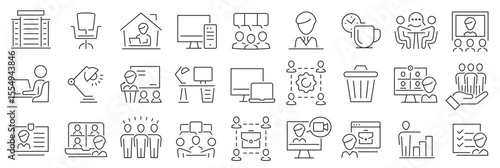 Office icon set. Work in office icons. Briefcase, meeting, employee, desk, computer, schedule, co-worker and more. Vector collection.