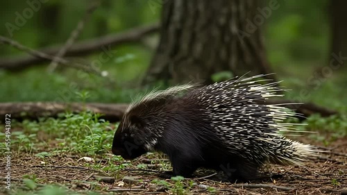 A Majestic Porcupine Walking Through a Forest with Lush Greenery and Trees