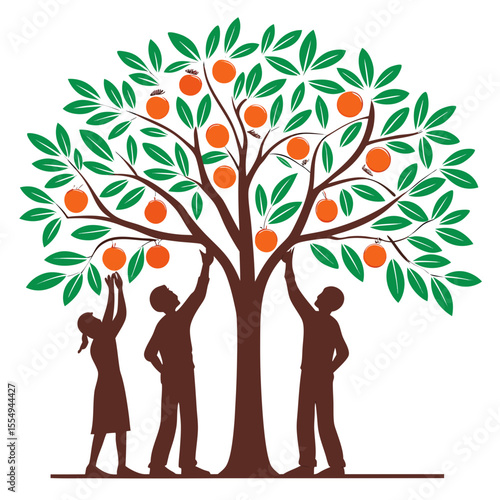 Silhouette of people picking fruit from a tree, vector illustration on a white background