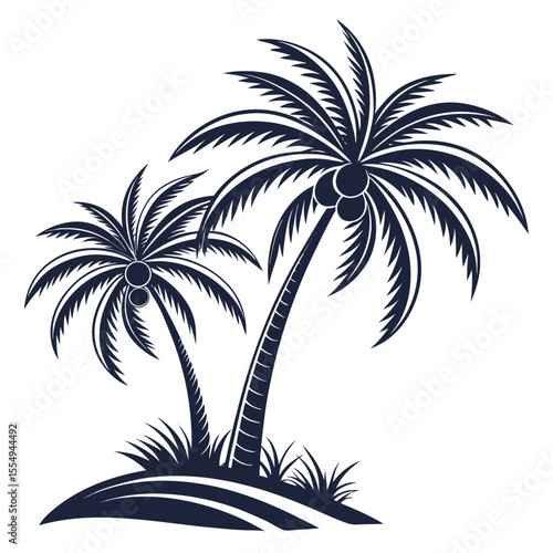 Simple black and white silhouette of two palm trees on a small island beach design